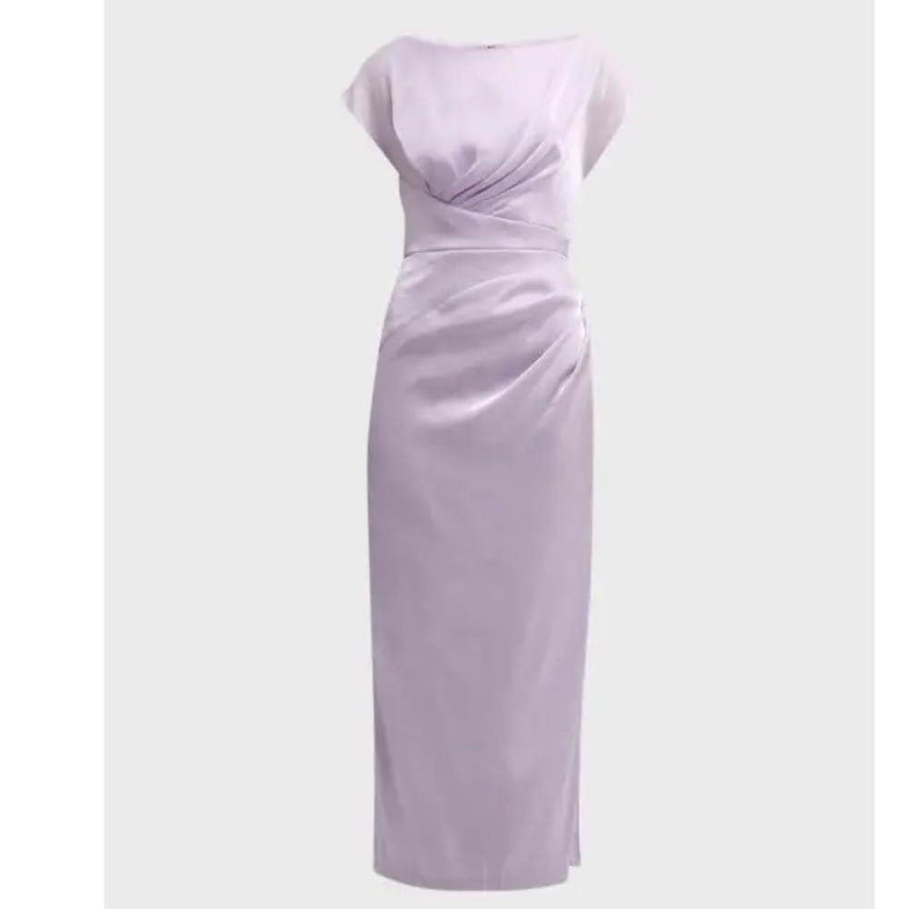 Lela Rose Florence Draped Cap-Sleeve Slit Midi Dress